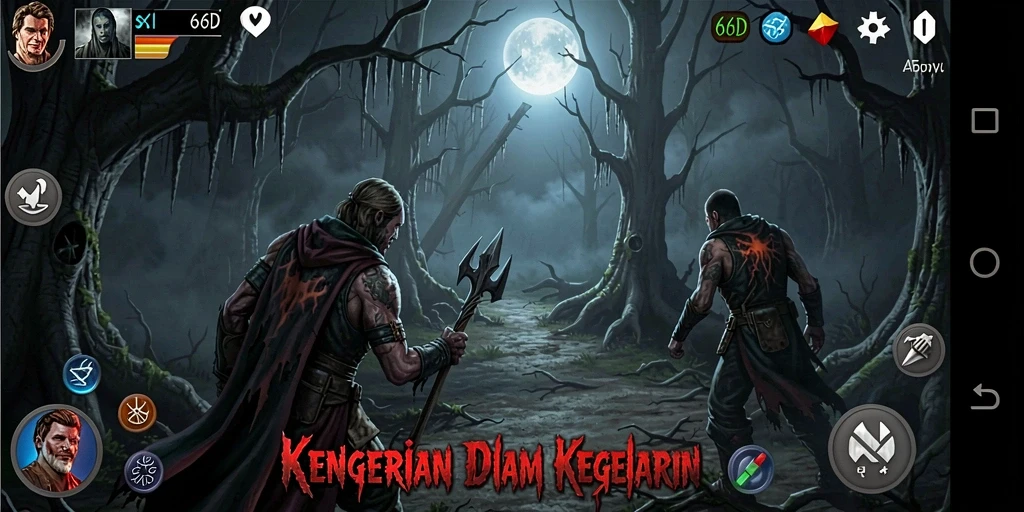 Screenshot utama 66D menampilkan aksi seram dalam suasana gelap.