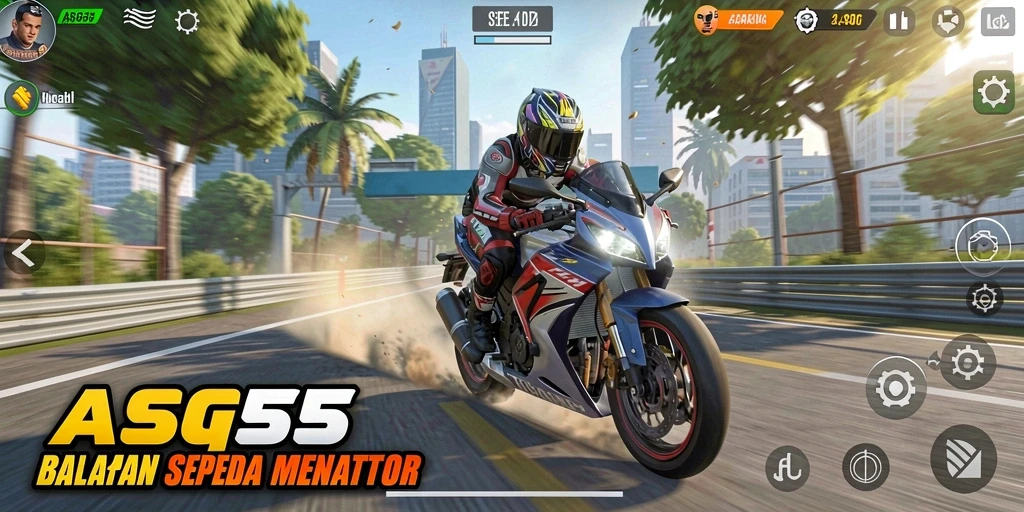 Screenshot utama ASG55 menampilkan aksi balapan motor yang mendebarkan.