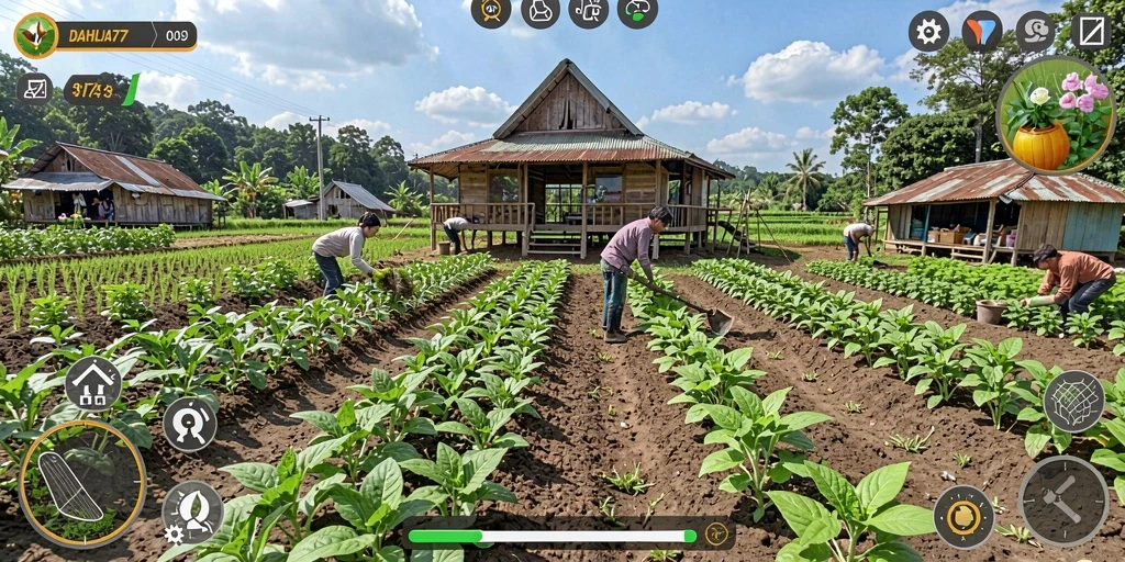 Screenshot game DAHLIA77 menampilkan lahan pertanian yang luas dan berwarna-warni.