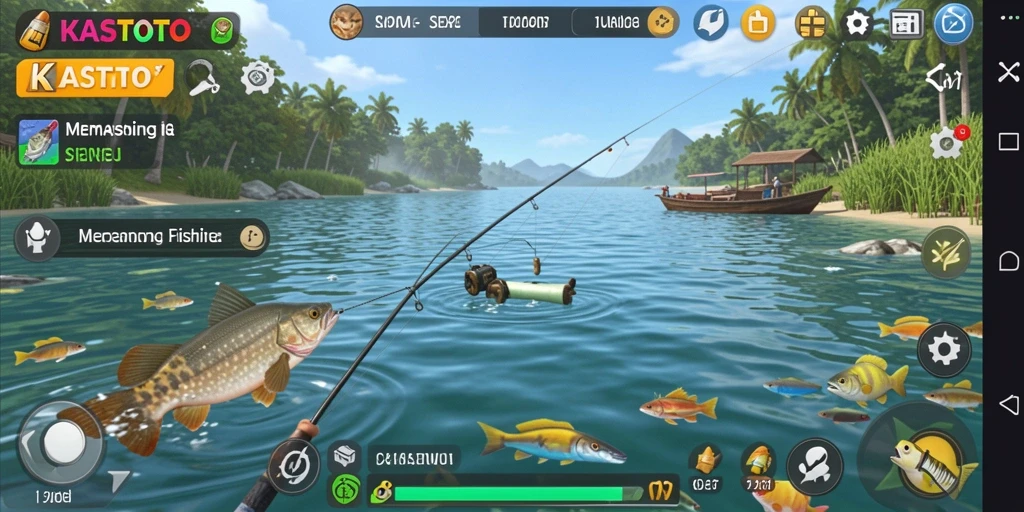 Screenshot gameplay KASTOTO yang menunjukkan aksi memancing yang seru dan menantang.