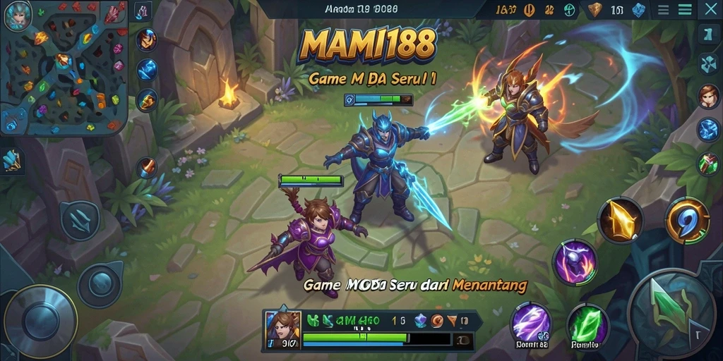 Screenshot MAMI188 menampilkan pertempuran seru antara tim dalam gameplay MOBA.