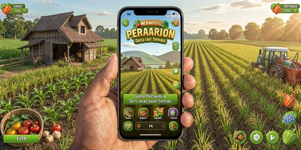 Screenshot gameplay MERAHTOTO dengan aktivitas bertani dan merawat hewan.
