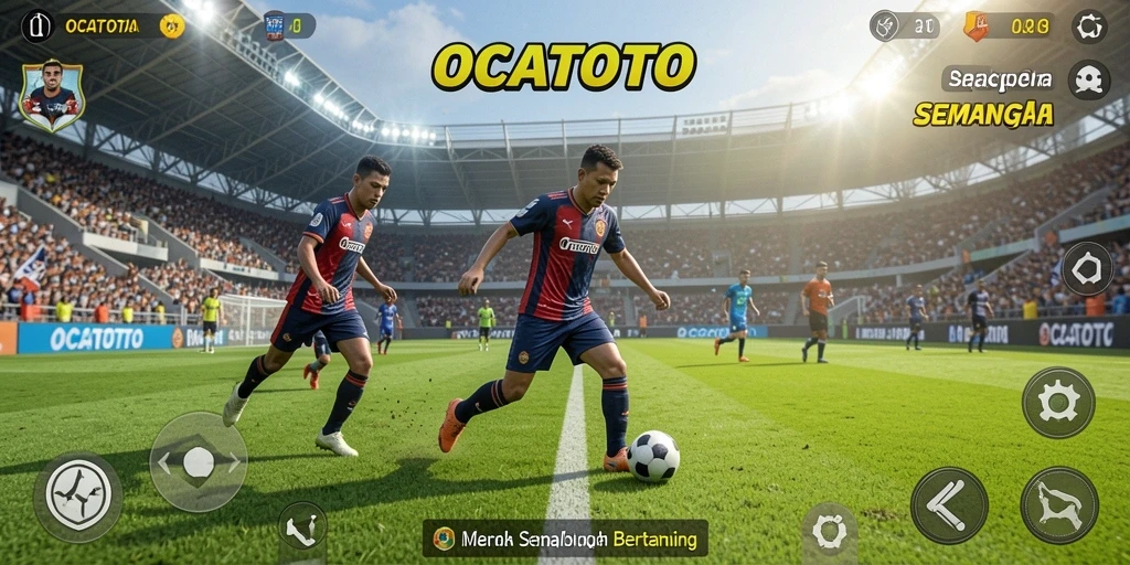 Screenshot gameplay <strong>OCATOTO</strong> menampilkan aksi seru di lapangan sepak bola.