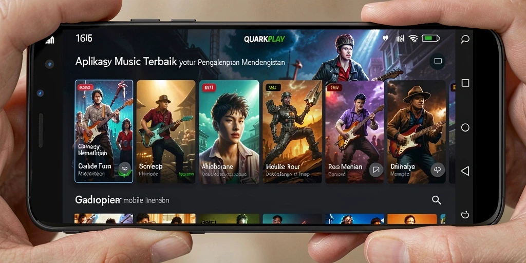 Tangkapan layar gameplay QUARKPLAY dengan antarmuka aplikasi musik yang menarik.